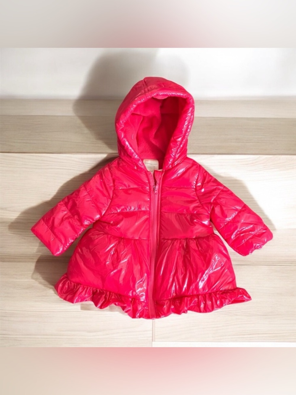 NEW First Impressions Hot Pink Glossy Girl's Puffer Jacket Size 0-3 M Ruffles